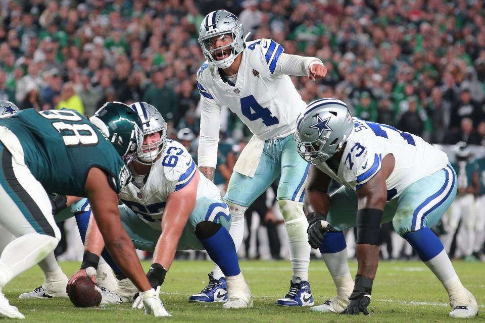 Dallas Cowboys quarterback Dak Prescott (4) in action against the Philadelphia Eagles during an NFL football game on Sunday, Nov. 5, 2023, in Philadelphia.