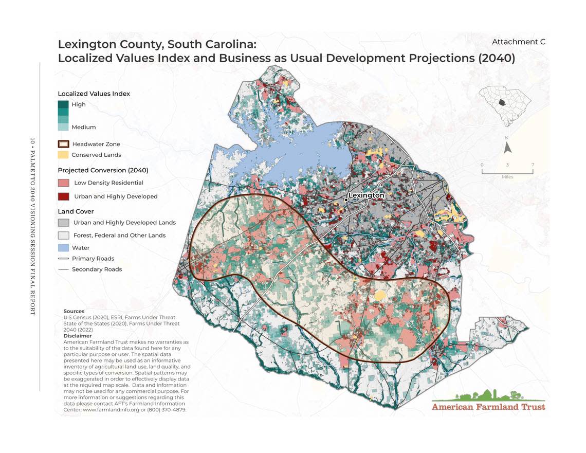 A graphic from American Farmland Trust’s Palmetto 2040 report looking at Lexington County shows a proposed headwaters protection zone and what development there is likely to look like in 16 years if left unchecked.