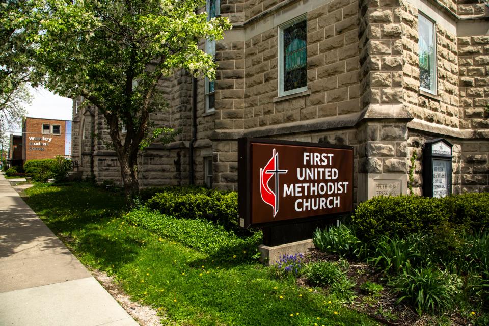 First United Methodist Church and Wesley Student Center are seen, Thursday, May 7, 2020, along Dubuque Street in Iowa City, Iowa.