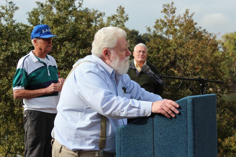 Bill Jennings, chair and executive director of the California Sportfishing Protection Alliance, speaks at a rally against Proposition 1 in 2014.