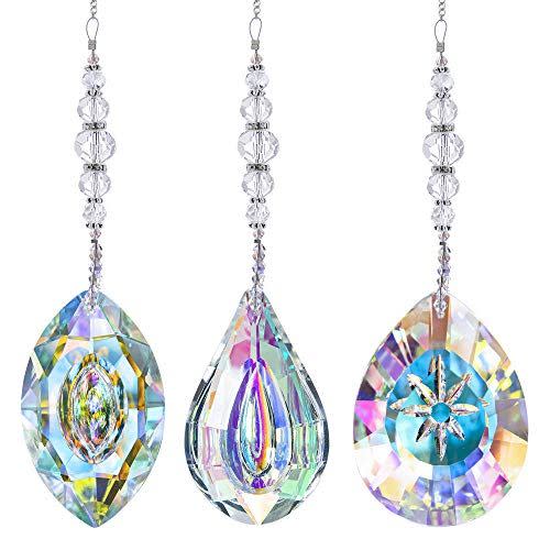 1) Crystal Suncatchers Hanging Crystals Rainbow 76mm Prisms Pendant with Chakra Beads for Window Decor (Pack of 3)