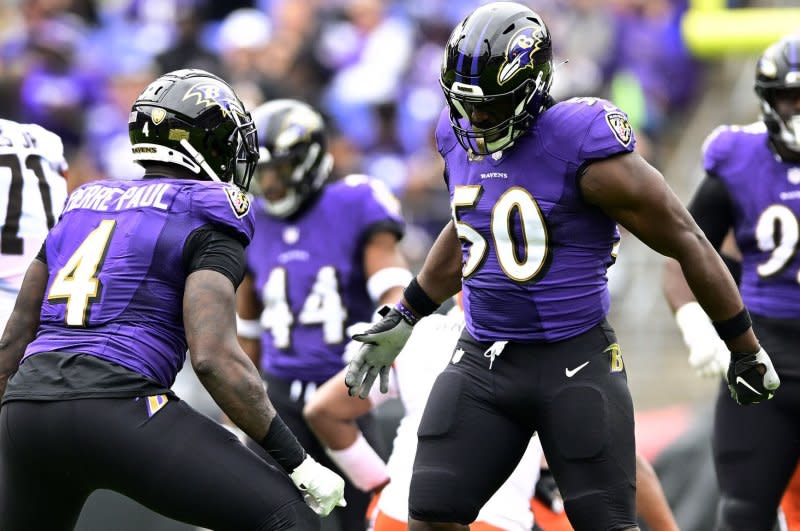 Linebacker Justin Houston (R) logged 9.5 sacks last season for the Baltimore Ravens. File Photo by David Tulis/UPI