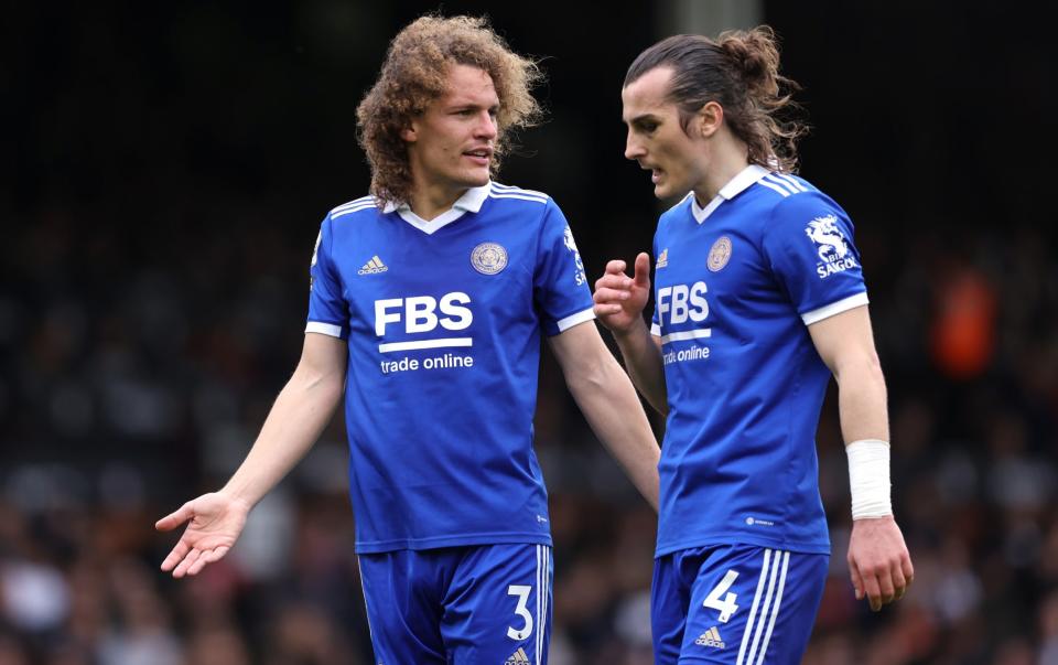 Leicester City central defenders Wout Faes and Caglar Soyuncu in conversation during the Premier League match between Fulham FC and Leicester City - Jacques Feeney/Offside/Offside via Getty Images