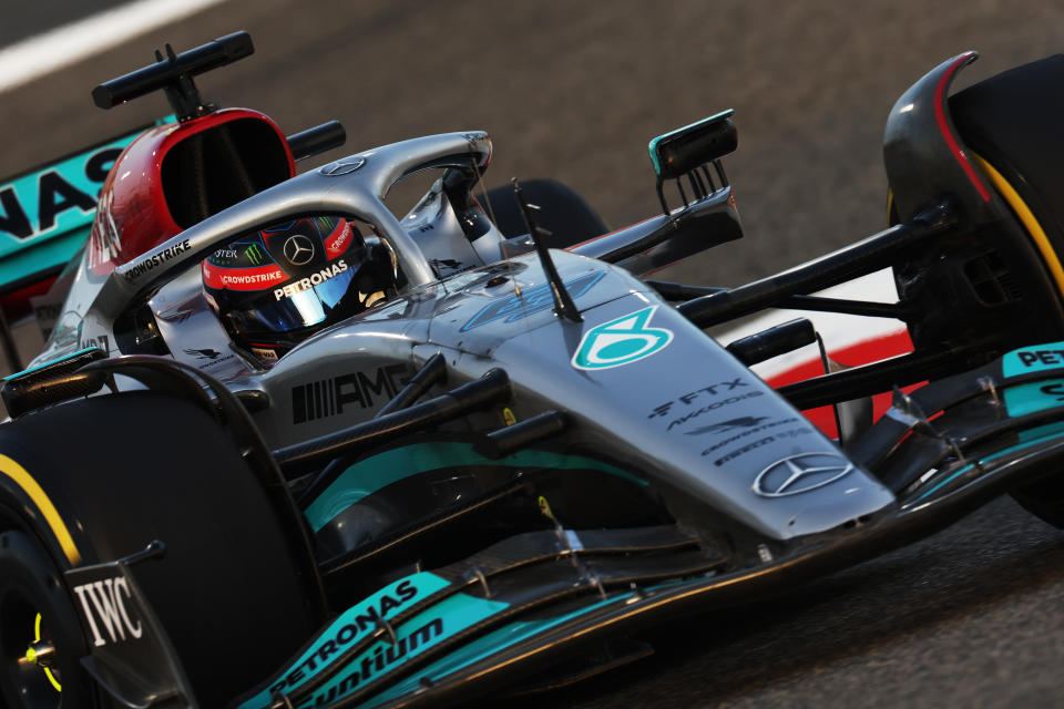 Seen here, George Russell drives the new-look Mercedes on day one of F1 testing in Bahrain.