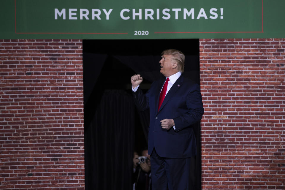 FILE - In this Wednesday, Dec. 18, 2019 file photo, President Donald Trump speaks during a campaign rally at Kellogg Arena, Wednesday, Dec. 18, 2019, in Battle Creek, Mich. (AP Photo/Evan Vucci, File)