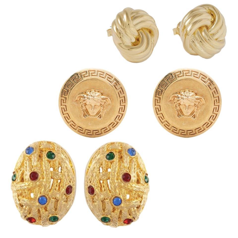 Elizabeth earrings, £280, Lie Studio; Medusa stud earrings, £320, Versace; 1980s vintage earrings, £45, Susan Caplan