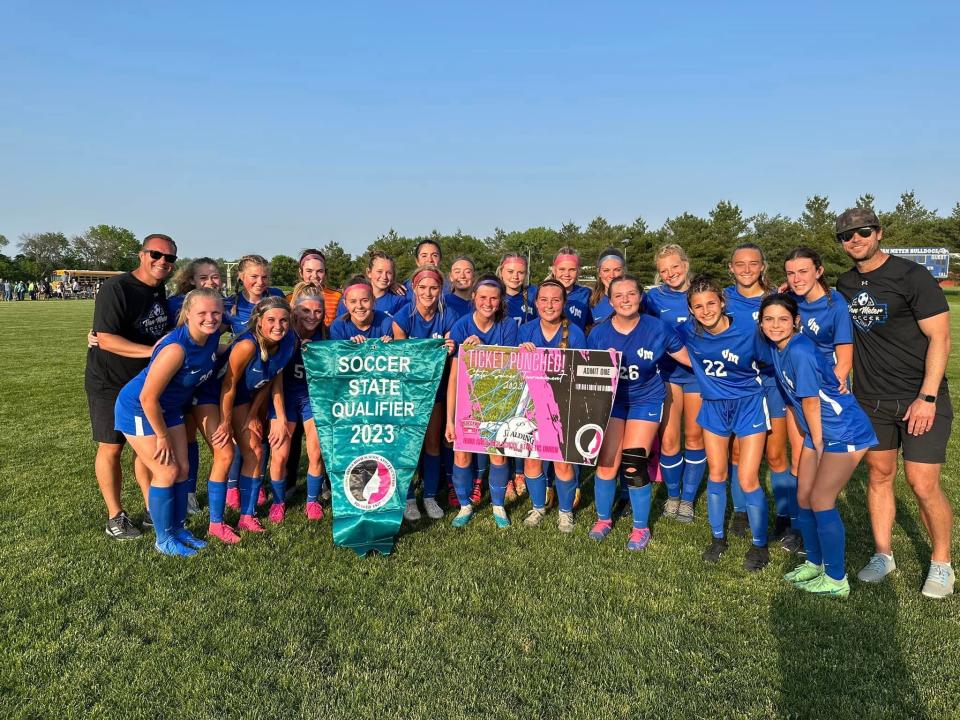 The Van Meter girls soccer team poses for a photo after defeating Panorama 2-0 on Thursday, May 25, 2023, to qualify for state.