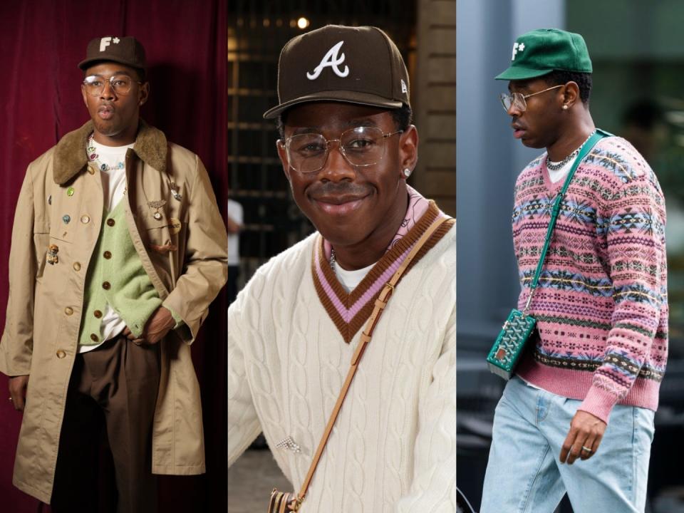 Composite image of Tyler the Creator in three different grandpa core-inspired outfits.