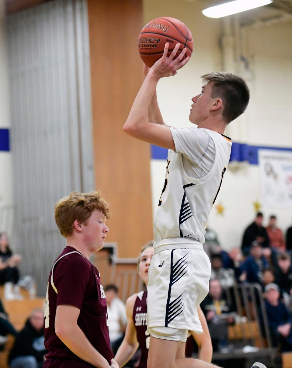 Jordan Hunt of Greencastle shoots over Shippensburg defenders. Greencastle-Antrim rumbled over Shippensburg, 69-46, in a Mid-Penn Colonial matchup Tuesday, Dec. 19, 2023 in Greencastle.