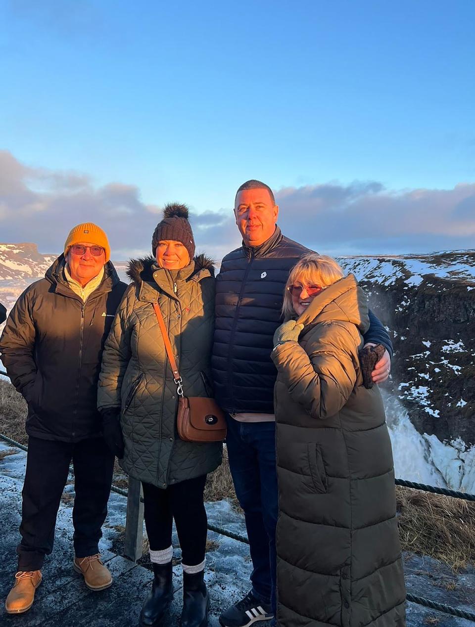 Lorraine Crawford (right) of herself with her husband John Crawford (left) and John’s cousin Michael Daltrey and Faye Daltrey saw the eruption on their way home to the airport (Lorraine Crawford/PA Wire)
