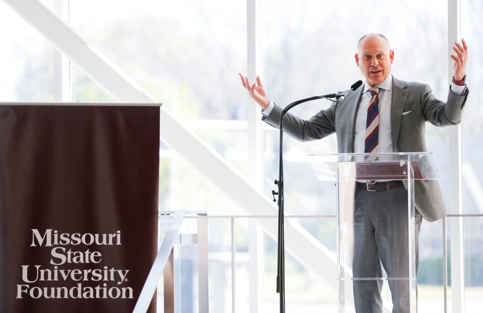 Brent Dunn, vice president of university advancement and executive director of the MSU Foundation, speaks at an event announcing the name of the new MSU alumni center, the Clifton M. Smart III University Advancement Center, on Friday, April 12, 2024.