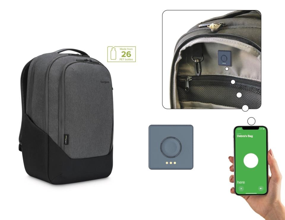 Targus Cypress Hero Backpack with a built-in location tracker. A graphic shows a smartphone being used to detect the item's location.