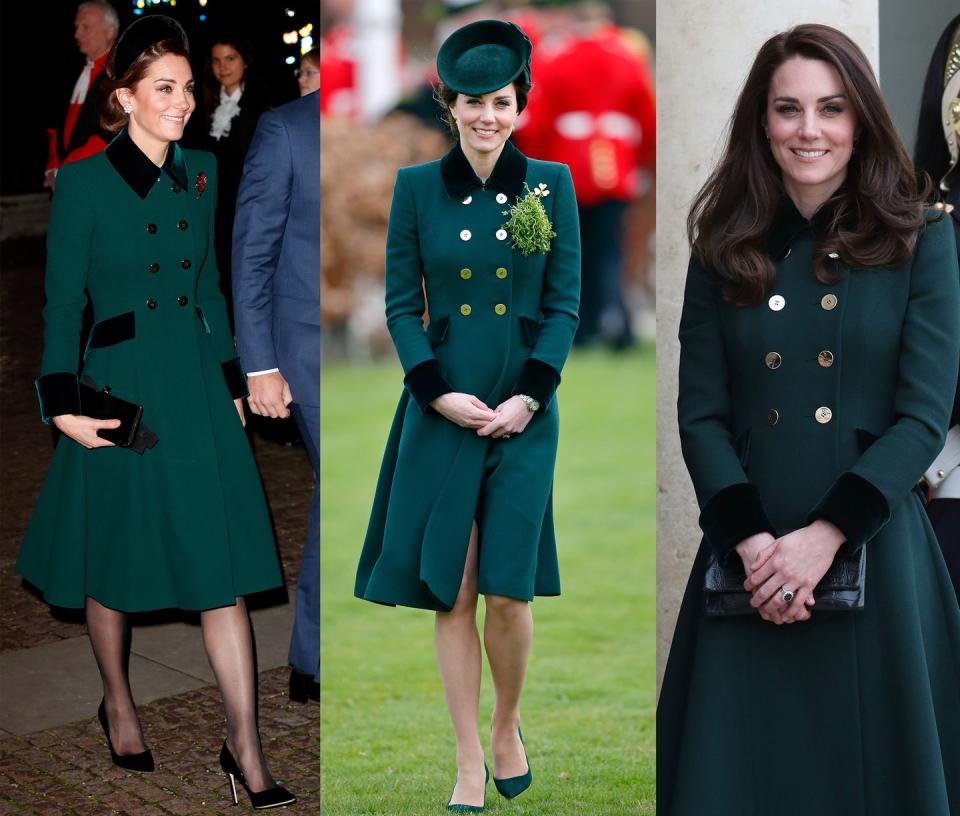 <p>This emerald Catherine Walker coat with velvet cuffs and a matching collar has been seen multiple times on Duchess Kate: at two events on March 17, 2017 and at the Armistice Day ceremony in November 2018. </p>