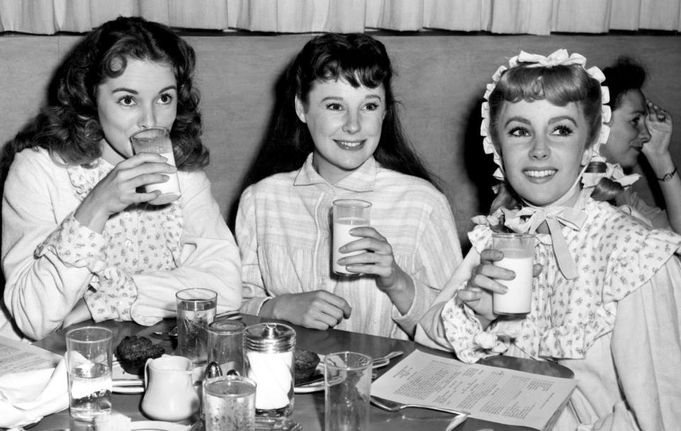 Janet Leigh, June Allyson, Elizabeth Taylor in their LITTLE WOMEN costumes at lunch in the MGM commissary, 9/10/48