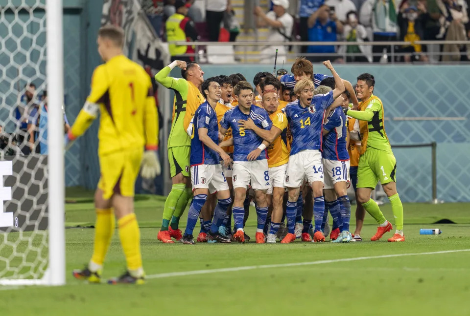 DOHA, QATAR - NOVEMBER 23: Japan celebrates a goal during a FIFA World Cup Qatar 2022 Group E match between Japan and Germany at Khalifa International Stadium on November 23, 2022 in Doha, Qatar. (Photo by Brad Smith/ISI Photos/Getty Images)