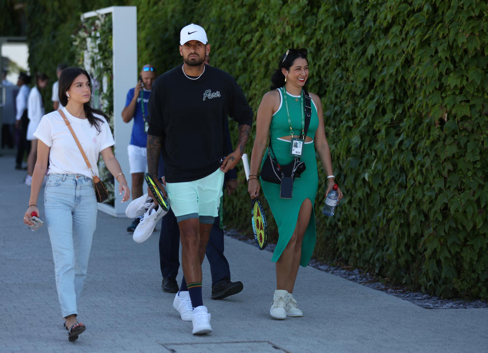 Nick Kyrgios, pictured here with girlfriend Costeen Hatzi and sister Halimah at Wimbledon.