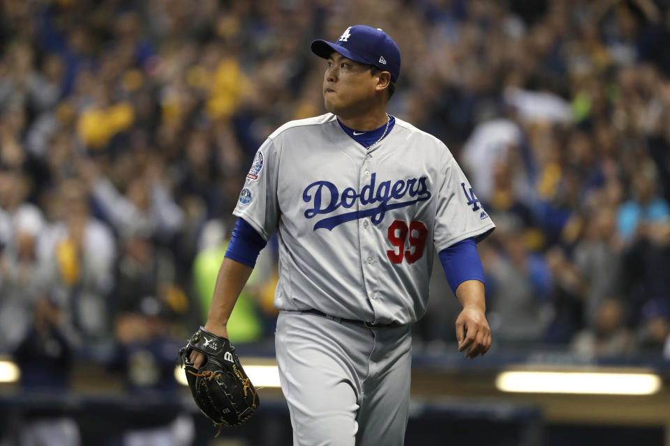 Los Angeles Dodgers starting pitcher Hyun-Jin Ryu (99) reacts during the first inning of Game 6 of the National League Championship Series baseball game against the Milwaukee Brewers Friday, Oct. 19, 2018, in Milwaukee. (AP Photo/Jeff Roberson)