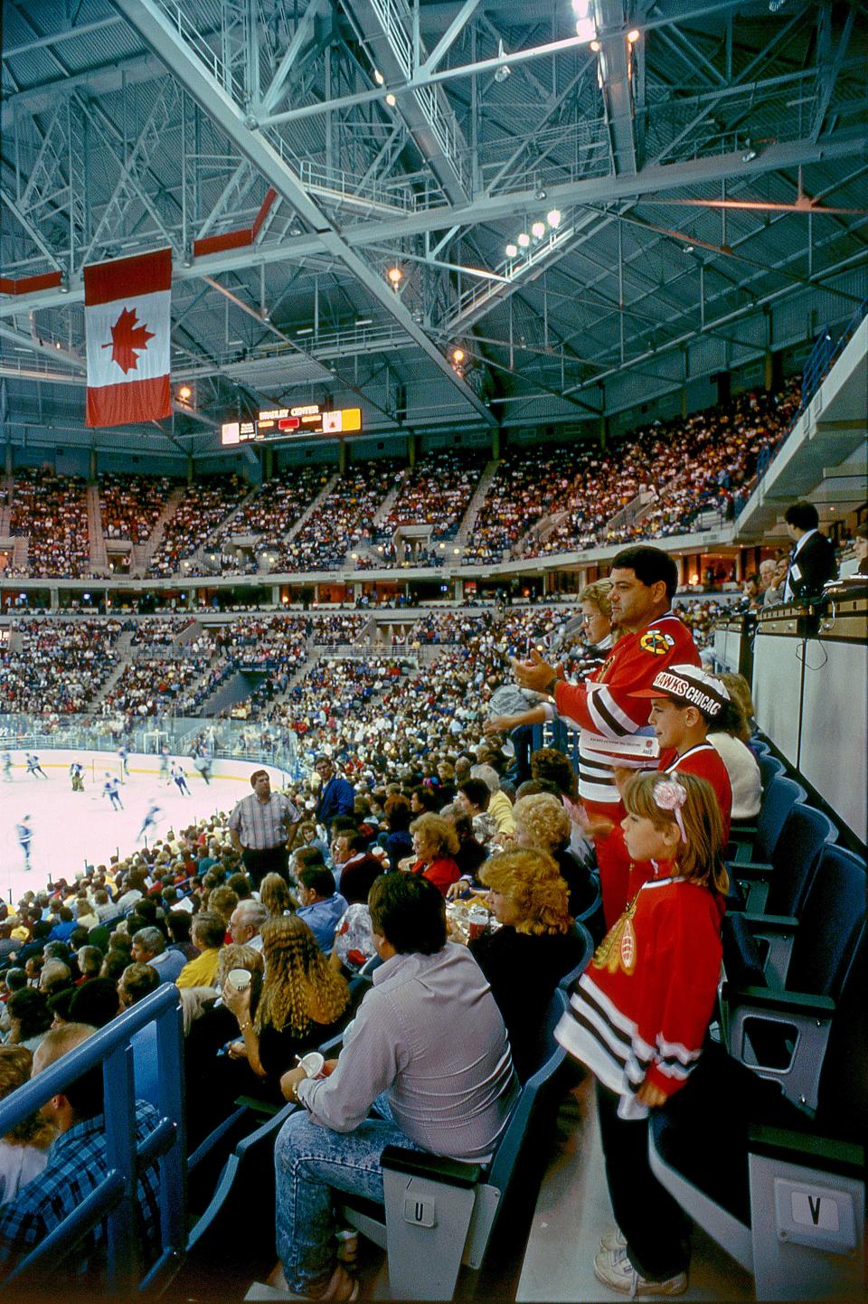 Fans take in opening night at the Bradley Center, an NHL exhibition game between the Chicago Blackhawks and Edmonton Oilers on Oct. 2, 1988.