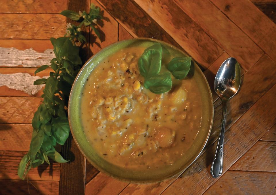 Roasted corn and potato soup with basil at The Market Pantry store at the Worcester Public Market.