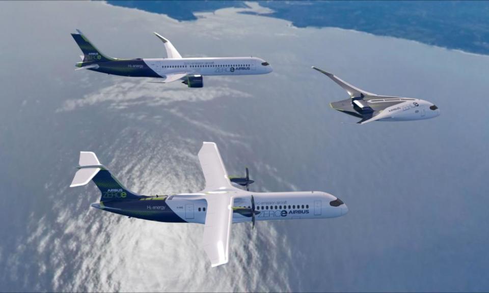 An artists impression of three Airbus ZEROe concept aircraft, which are hydrogen hybrids