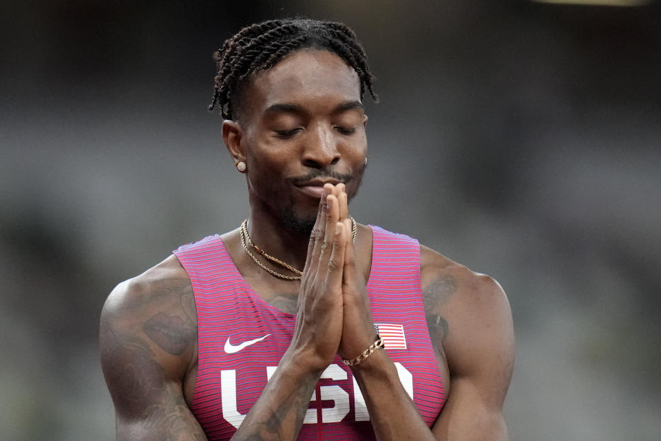 Michael Cherry, of the United States, reacts after his semifinal of the men's 400-meters at the 2020 Summer Olympics, Monday, Aug. 2, 2021, in Tokyo. (AP Photo/Petr David Josek)