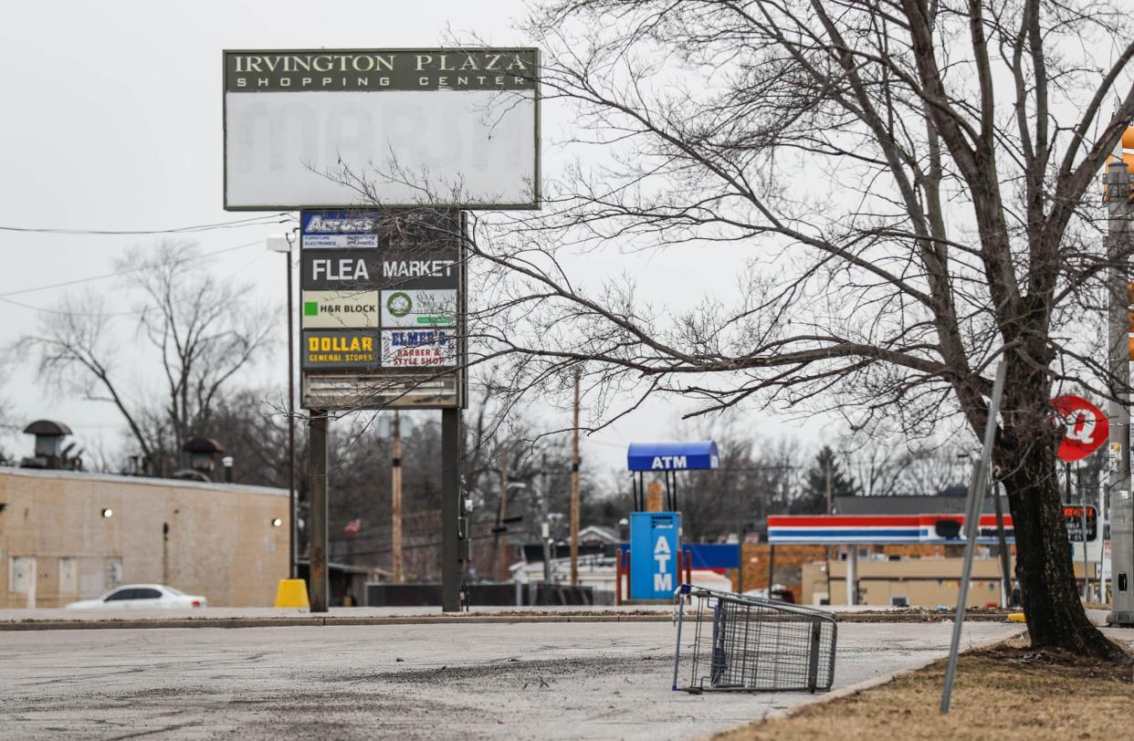 Irvington Plaza, 6243 East Washington Street, was once filled with businesses but is now less than half full and has become a dumping ground for refuse, on Tuesday, Feb. 19, 2019.