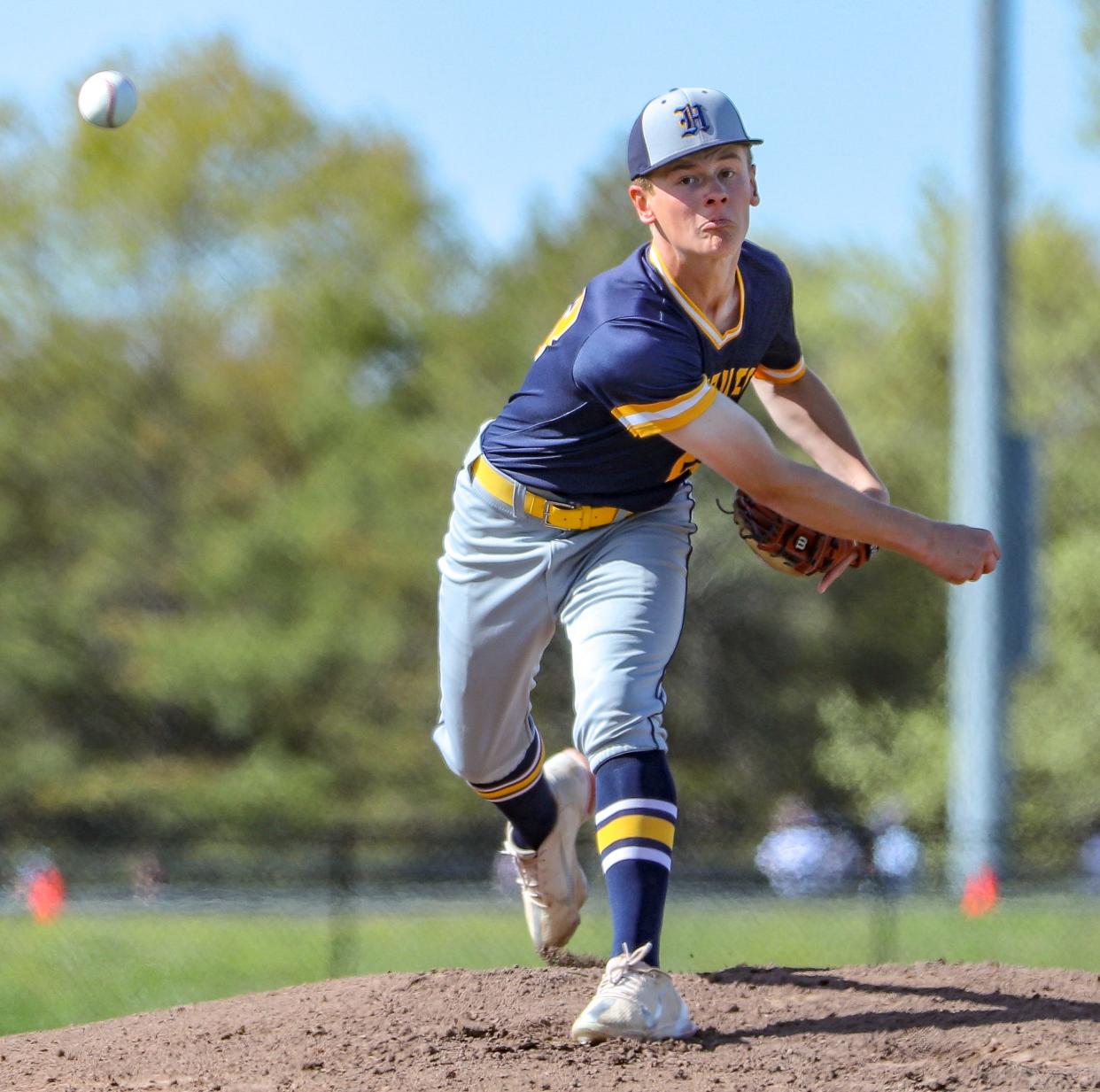 Hanover's Gabe Knudsen pitches during a game against Plymouth South on Wednesday, May 18, 2022.
