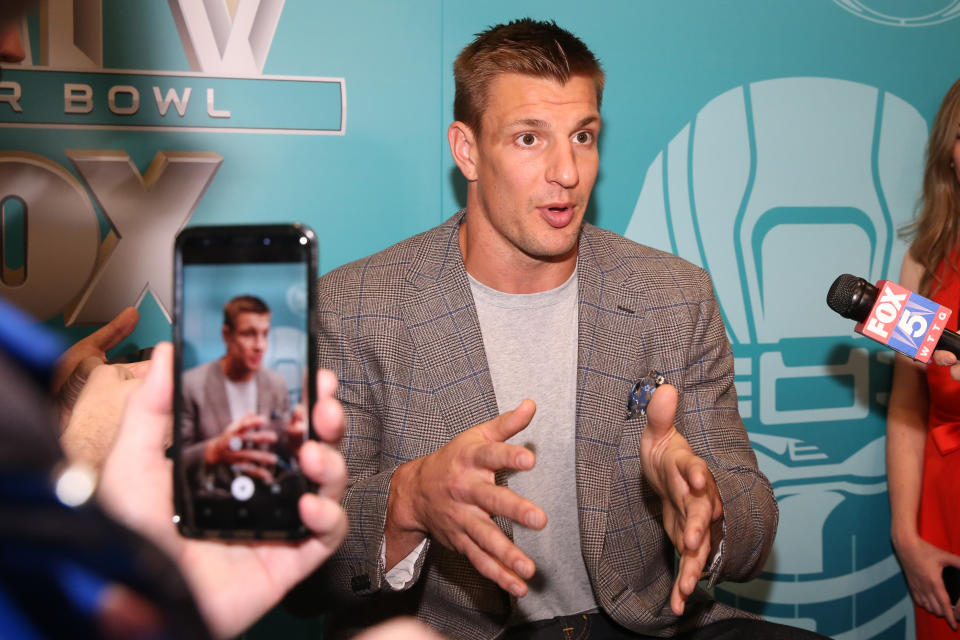 MIAMI BEACH, FL - JANUARY 28:  Former NFL player and NFL Studio Analyst Rob Gronkowski  answers questions during the Super Bowl LIV FOX Sports Media Day on January 28, 2020 at the Miami Beach Convention Center in Miami Beach, FL.  (Photo by Rich Graessle/PPI/Icon Sportswire via Getty Images)