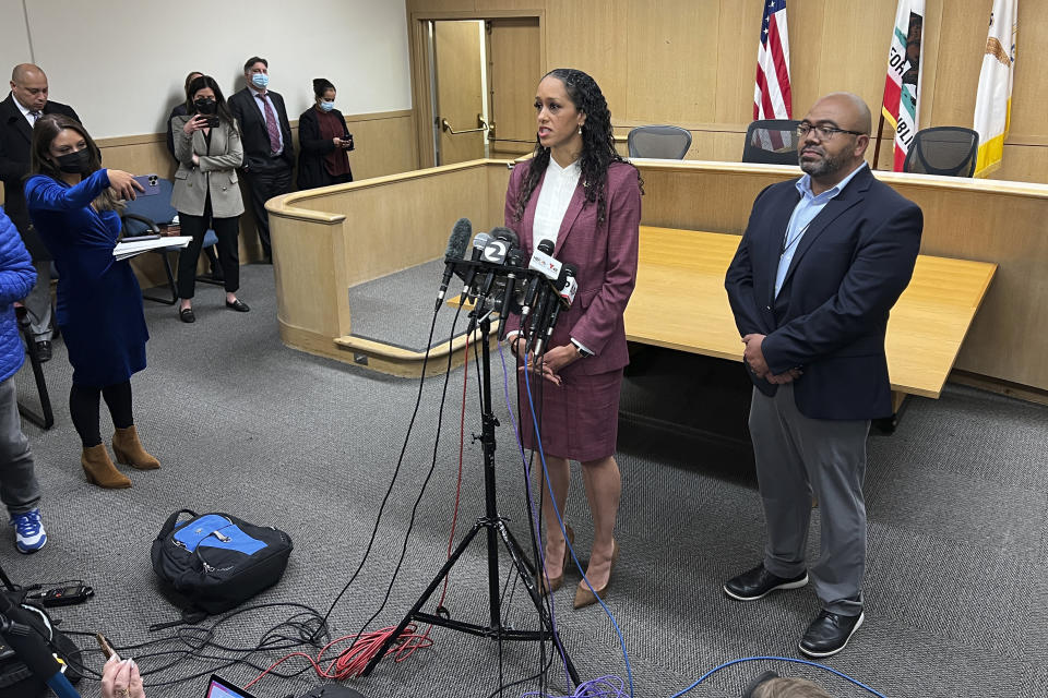 San Francisco District Attorney Brooke Jenkins speaks with reporters after a preliminary hearing for David DePape, Wednesday, Dec. 13, 2022, in San Francisco. A police investigator testified Wednesday that DePape, the man accused of attacking the husband of U.S. House Speaker Nancy Pelosi, said there was "evil in Washington" and he was targeting Pelosi because she is second in line to the presidency. Authorities say DePape broke into the Pelosi's San Francisco home on Oct. 28, 2022, seeking to kidnap the speaker. (AP Photo/Terry Chea)