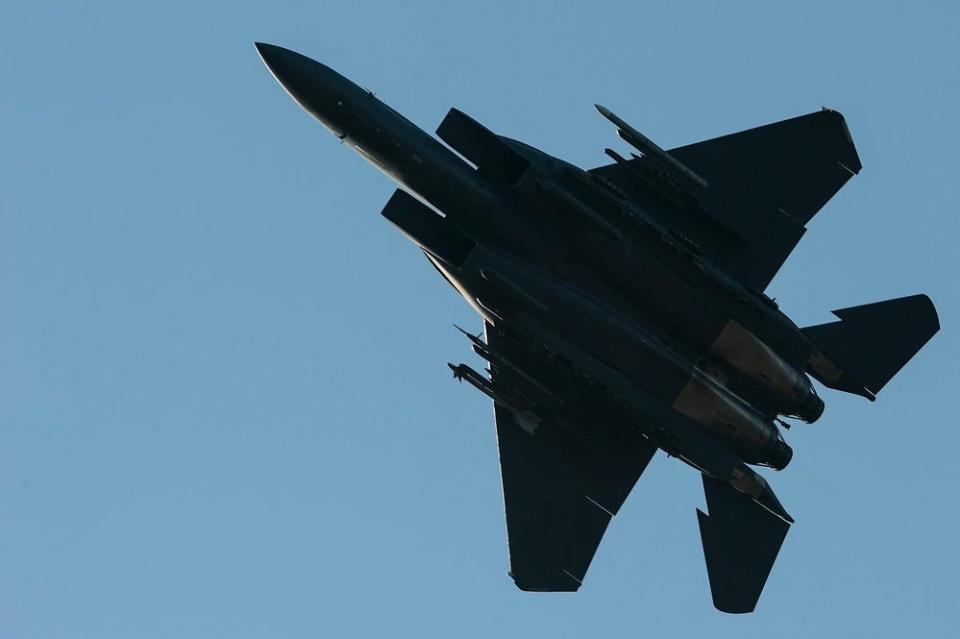 the undercarriage of a US Air Force F-15E Strike Eagle