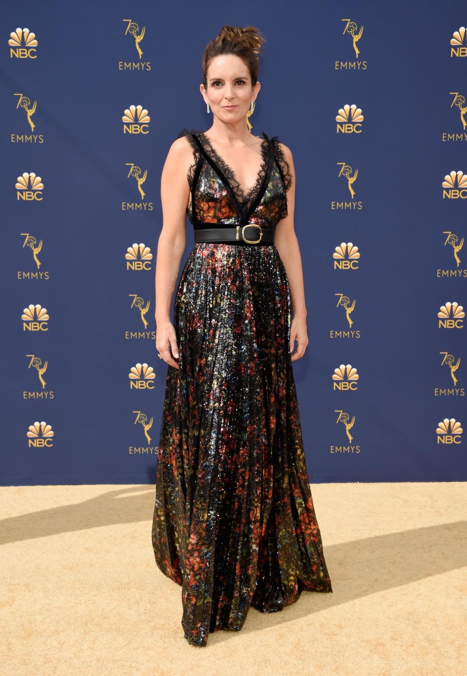 Tina Fey in Elie Saab and Oscar Heyman jewelry