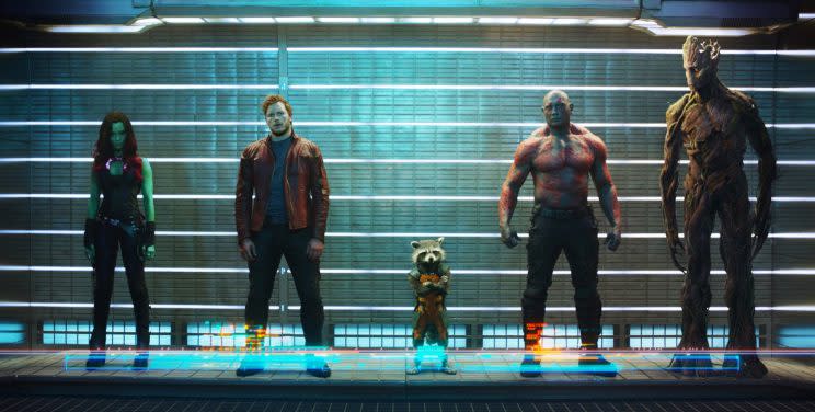 From left, <em>Guardians</em> characters Gamora (Zoe Saldana), Peter Quill/Star-Lord (Chris Pratt), Rocket Raccoon (voiced by Bradley Cooper), Drax the Destroyer (Dave Bautista), and Groot (voiced by Vin Diesel). (Photo: Film Frame/Marvel)