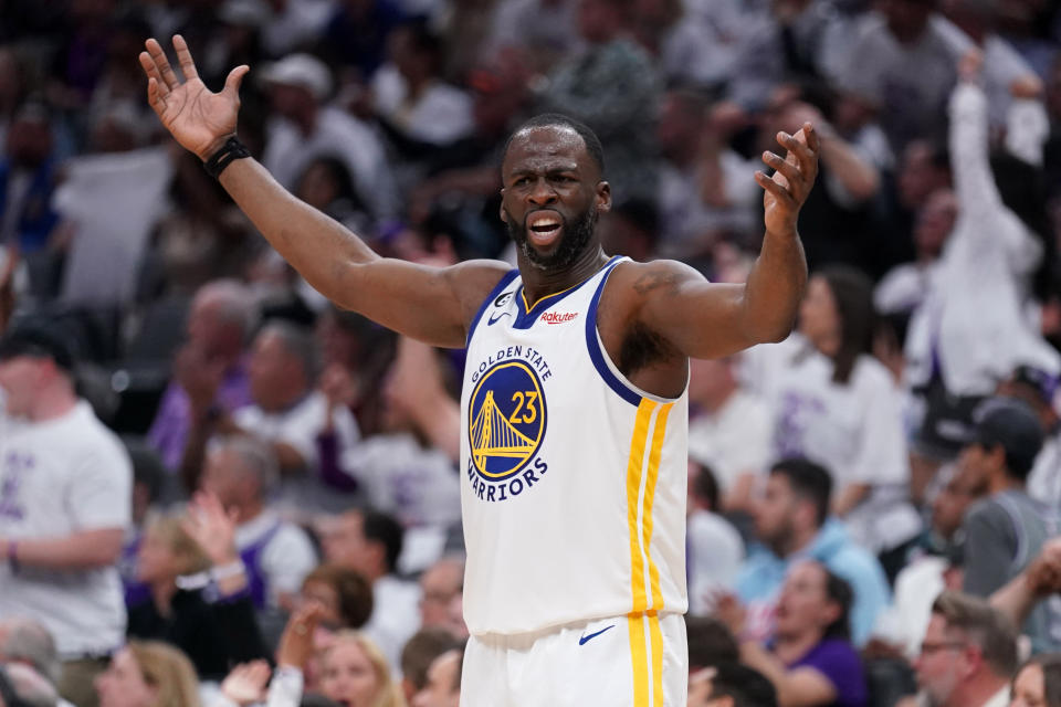 Golden State Warriors forward Draymond Green reacts against the Sacramento Kings during their first-round NBA playoffs series at the Golden 1 Center in Sacramento on April 15, 2023. (Cary Edmondson/USA TODAY Sports)