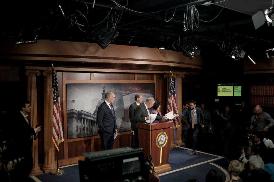 Senate Minority Leader Chuck Schumer (D-N.Y.) along with other senate democratic leaders speak to reporters at a press conference before the senate impeachment trial at the Capitol in Washington, D.C. on Jan. 23, 2020. | Gabriella Demczuk for TIME