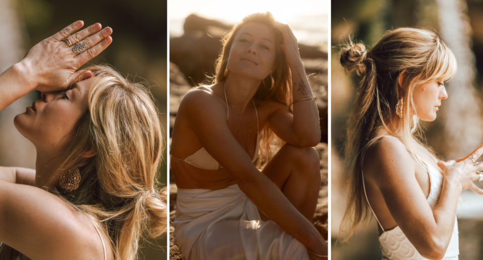 Charlotte Leonie holding her hands above her head (left), sitting at the beach (middle), and facing right (right).