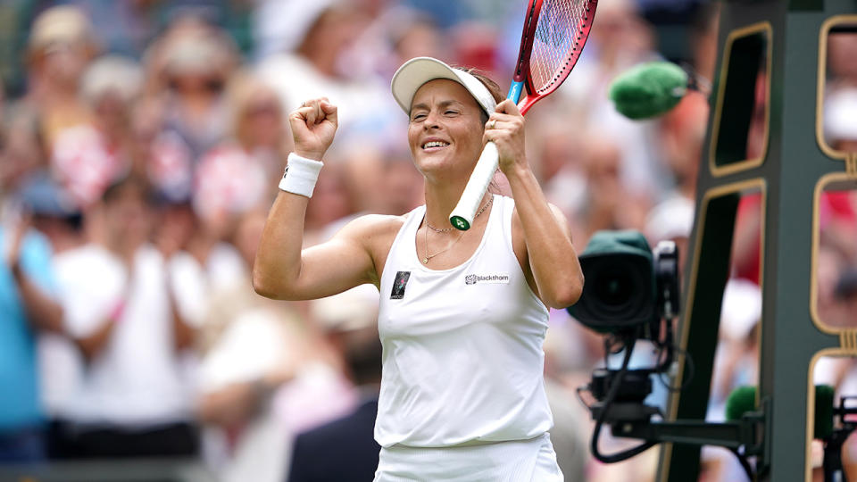 Tatjana Maria celebrates after winning her Wimbledon quarter final.