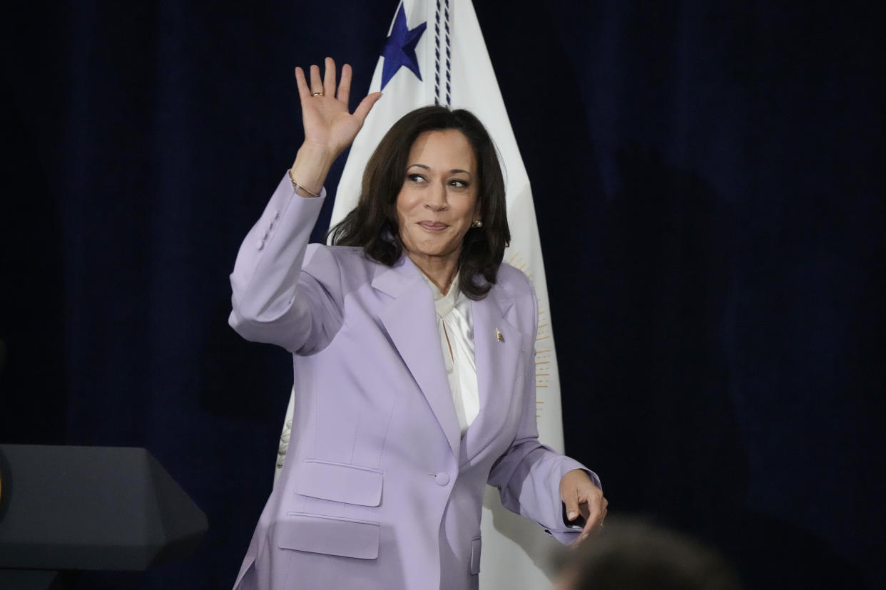 Vice President Kamala Harris waves to the crowd after speaking during a visit to Los Angeles Cleantech Incubator Monday, April 17, 2023, in Los Angeles. (AP Photo/Marcio Jose Sanchez)