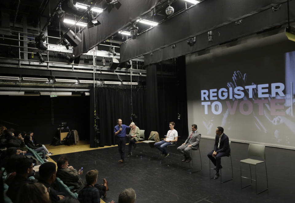 Politicians on stage during a Vote For Your Future Hustings at Westminster Kingsway College in London, Tuesday, Nov. 19, 2019. The British election is dominated by Brexit, and young voters could hold the key to victory, if they can be bothered to vote on Dec. 12. (AP Photo/Kirsty Wigglesworth)