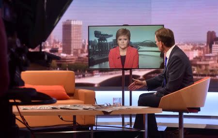 Scotland's First Minister Nicola Sturgeon appears via video link on the BBC's Andrew Marr Show in this photograph received via the BBC in London, Britain June 26, 2016. Jeff Overs/Courtesy of the BBC/Handout via REUTERS