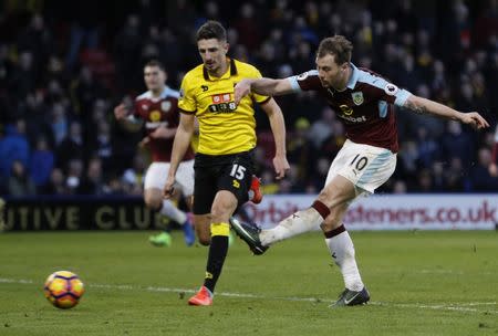 Britain Football Soccer - Watford v Burnley - Premier League - Vicarage Road - 4/2/17 Burnley's Ashley Barnes in action with Watford's Craig Cathcart Reuters / Darren Staples Livepic