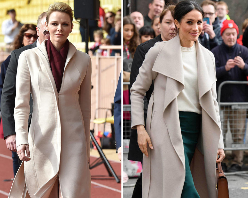 Bu2: Beiden Frauen steht der Creme-Ton: Charlene (l.) beim „Sainte Dévote“-Rugbyturnier 2017 und Meghan Markle in Belfast im März 2018. (Bild: Getty Images, AP Photo/Star Max 2)