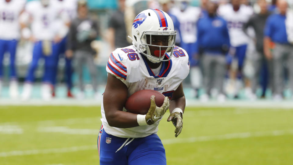 Buffalo Bills running back Devin Singletary (26) runs with the football, during the first half at an NFL football game against the Miami Dolphins, Sunday, Nov. 17, 2019, in Miami Gardens, Fla. (AP Photo/Wilfredo Lee)