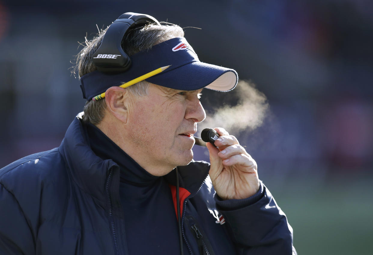 New England Patriots head coach Bill Belichick watches from the sideline during the first half of an NFL football game against the New York Jets, Sunday, Dec. 30, 2018, in Foxborough, Mass. (AP Photo/Charles Krupa)