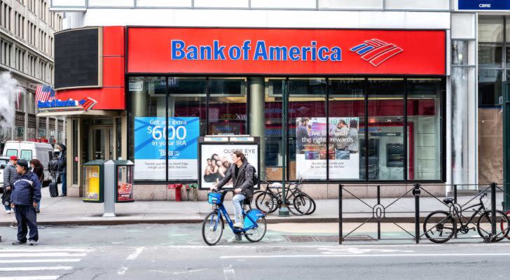 Street view on Bank of America branch in NYC with people waiting, pedestrians crossing, crosswalk, bike, road in Manhattan