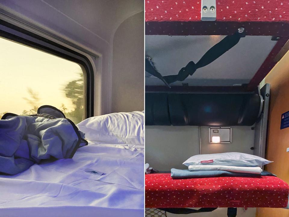 Pillows in sleeper accommodations on Amtrak (L) and Nightjet (R) trains.