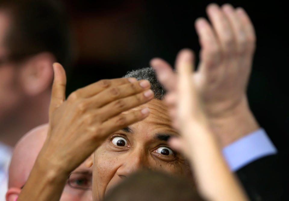 <p>President Barack Obama greets supporters after speaking at a campaign stop at The Mississippi Valley Fairgrounds, Wednesday, Oct. 24, 2012, in Davenport, Iowa. The President is on a two day campaign trip across six battleground states. (AP Photo/Charlie Neibergall) </p>