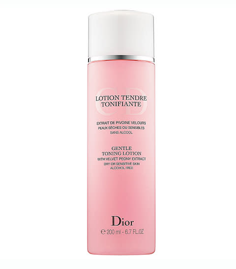 <p><strong>Dior </strong>lotion with velvet peony extract, $36, sephora.com</p><p><a rel="nofollow noopener" href="https://www.sephora.com/product/gentle-toning-lotion-with-velvet-peony-extract-P270201?" target="_blank" data-ylk="slk:BUY NOW;elm:context_link;itc:0;sec:content-canvas" class="link ">BUY NOW</a><br></p>