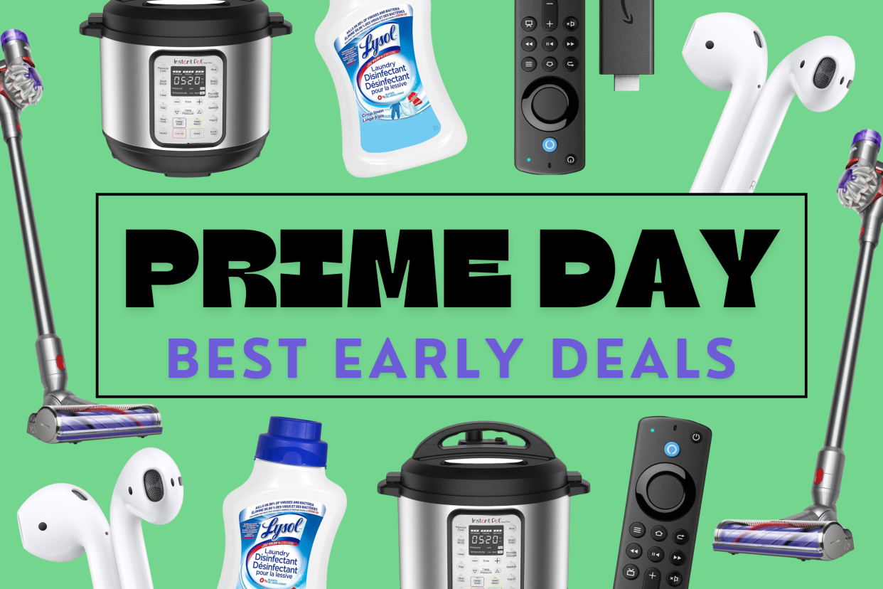 apple airpods, dyson vacuum, fire tv stick, instant pot, lysol, prime day deals on green background, Best early Prime Day deals on Amazon Canada (photos via Amazon).