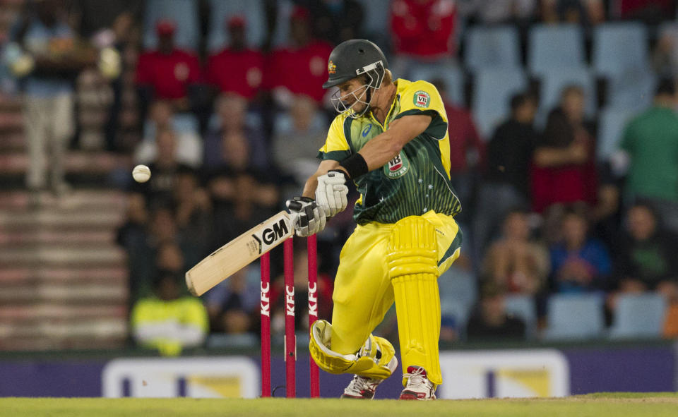 Australia's batsman Shane Watson, plays a shot during their T20 Cricket match against South Africa at Centurion Park in Pretoria, South Africa, Friday, March 14, 2014. (AP Photo/Themba Hadebe)
