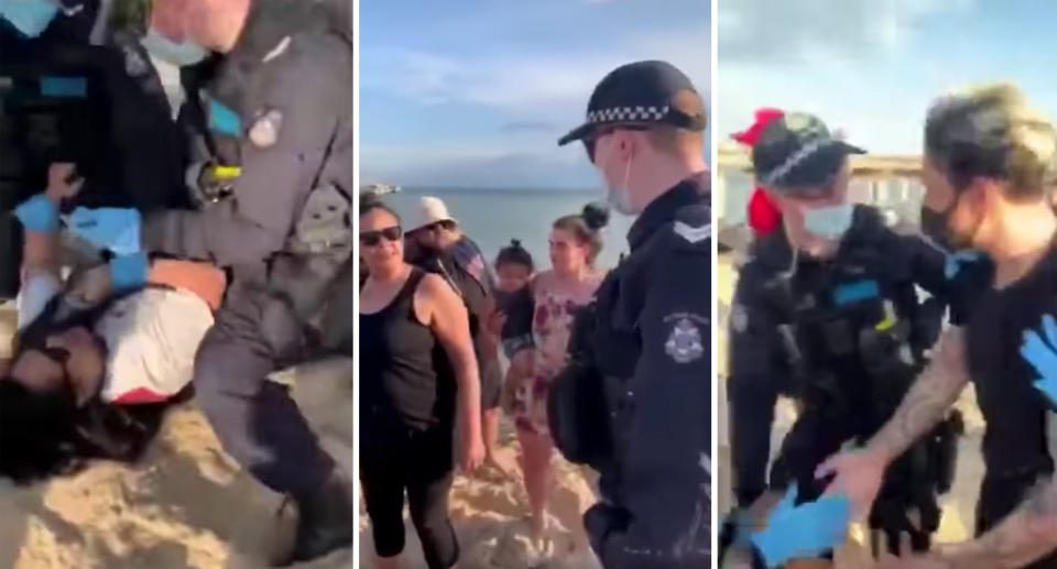 Stills from a video of Victoria Police trying to arrest a woman at a Melbourne beach for breaching coronavirus rules.